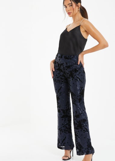 Quiz Blue Sequin Flocked Flared Trousers