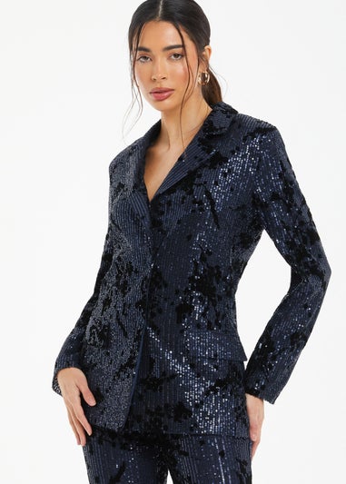 Quiz Blue Sequin Flocked Tailored Blazer