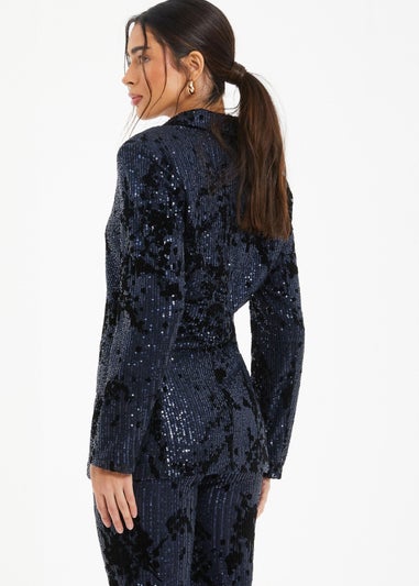 Quiz Blue Sequin Flocked Tailored Blazer