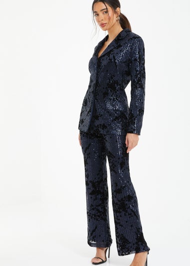 Quiz Blue Sequin Flocked Tailored Blazer