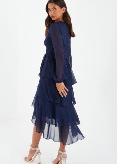 Quiz Blue Long Sleeve Tiered Midi Dress