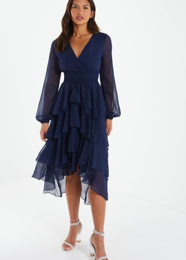 Quiz Blue Long Sleeve Tiered Midi Dress