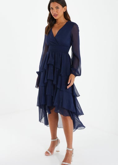 Quiz Blue Long Sleeve Tiered Midi Dress