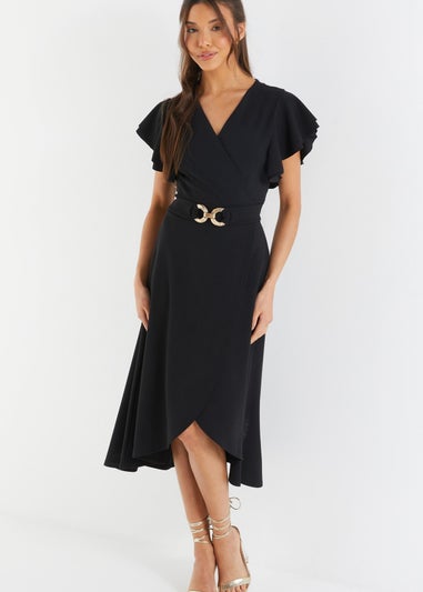 Quiz Black Wrap Dip Hem Midi Dress