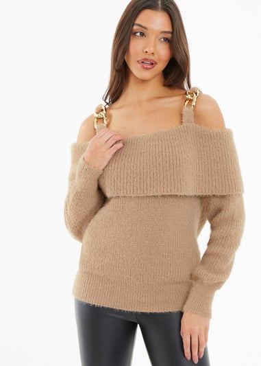 Quiz Stone Knitted Off Shoulder Fluffy Jumper