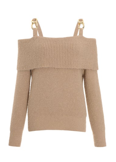 Quiz Stone Knitted Off Shoulder Fluffy Jumper