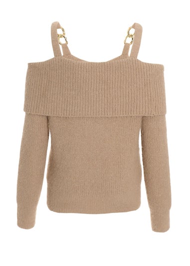 Quiz Stone Knitted Off Shoulder Fluffy Jumper