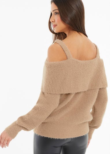 Quiz Stone Knitted Off Shoulder Fluffy Jumper