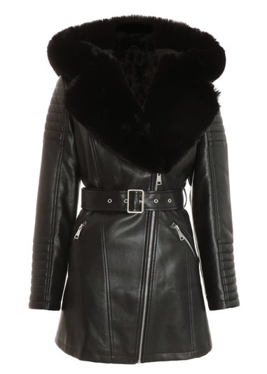 Quiz Black Faux Fur Trim Belted Jacket