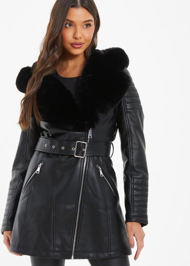 Quiz Black Faux Fur Trim Belted Jacket