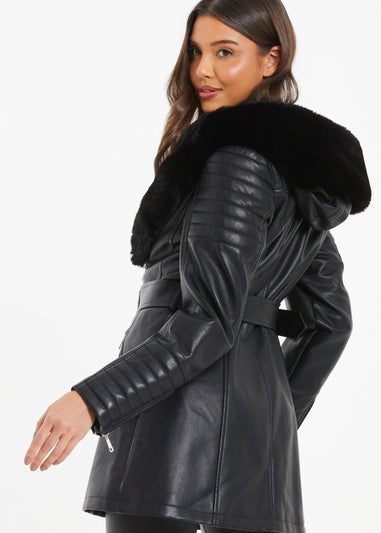 Quiz Black Faux Fur Trim Belted Jacket