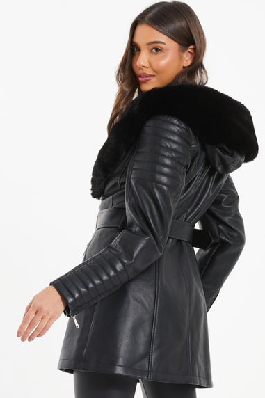 Quiz Black Faux Fur Trim Belted Jacket - Matalan