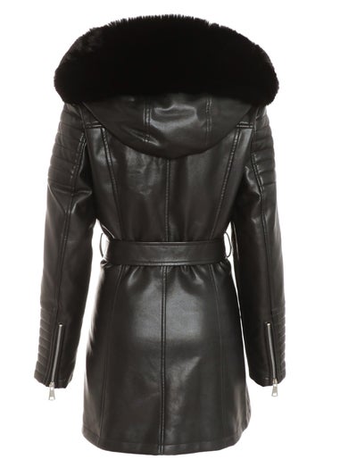 Quiz Black Faux Fur Trim Belted Jacket