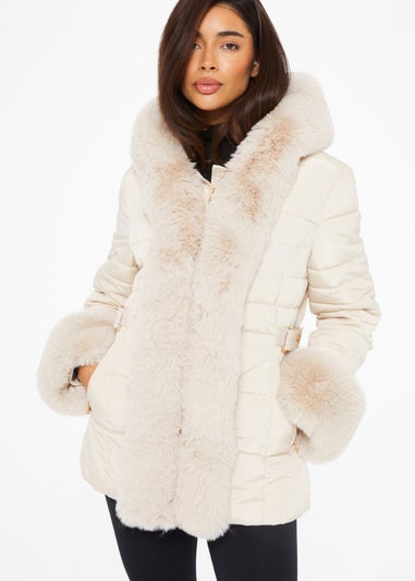 Quiz Stone Padded Faux Fur Trim Jacket