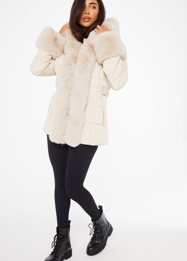 Quiz Stone Padded Faux Fur Trim Jacket