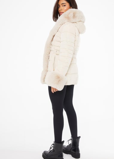 Quiz Stone Padded Faux Fur Trim Jacket