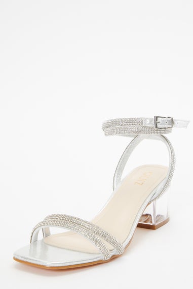 Quiz Silver Faux Leather Diamante Clear Low Heeled Sandals - Matalan