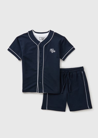 Boys Navy Baseball 3 Piece Shirt & Shorts Set (7-12yrs)