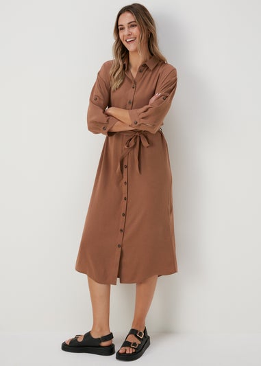 Tan 3/4 Sleeve Midi Shirt Dress