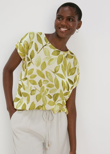 Et Vous Green & Cream Leaf Print Jersey T-Shirt