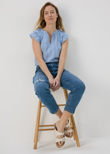 Blue Ruffle Striped Blouse