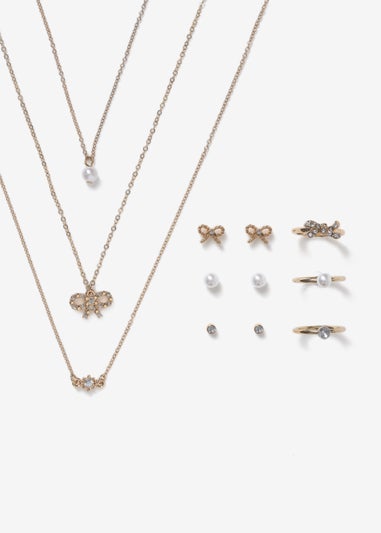 Gold Multipack Necklace Ring & Earrings Set