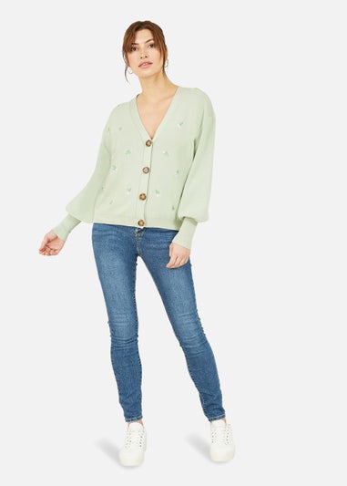 Yumi Green Embroidered Daisy Cardigan