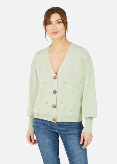 Yumi Green Embroidered Daisy Cardigan