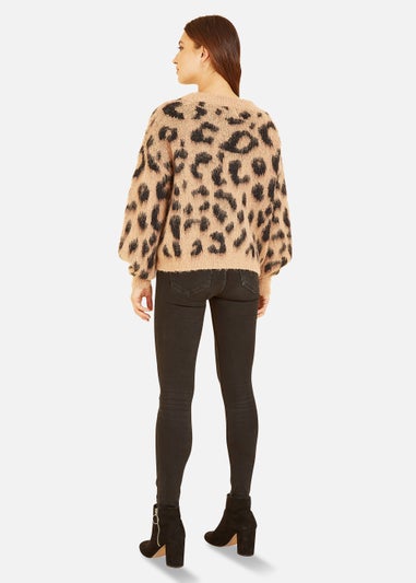 Yumi Brown Leopard Intarsia Button Up Cardigan