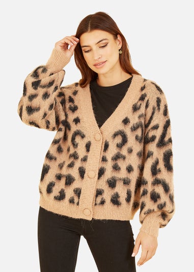 Yumi Brown Leopard Intarsia Button Up Cardigan