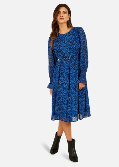 Yumi Blue Recycled Animal Print Long Sleeve Tunic Midi Dress