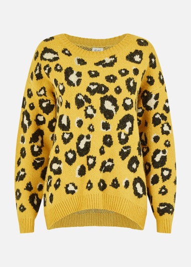 Yumi Mustard Animal Print Intarsia Knitted Jumper