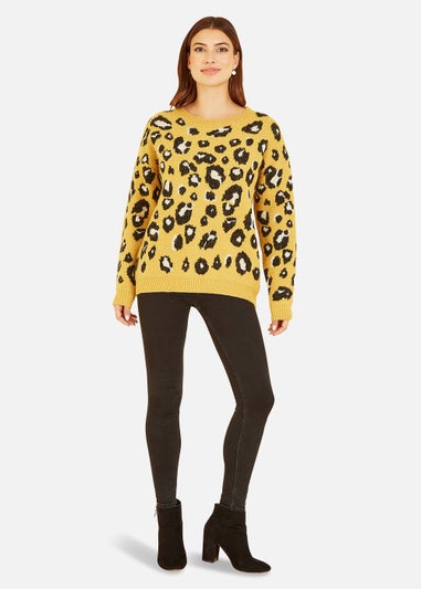 Yumi Mustard Animal Print Intarsia Knitted Jumper