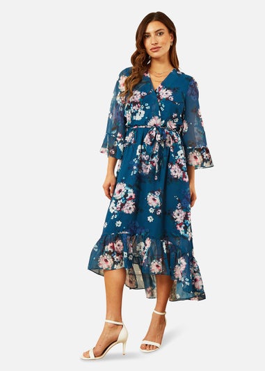 Yumi Watercolour Floral Dip Hem Midi Dress In Teal