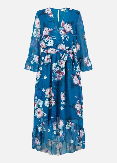 Yumi Watercolour Floral Dip Hem Midi Dress In Teal