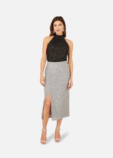 Yumi Silver Sequin Fitted Skirt With Front Slit