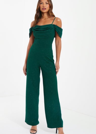Quiz Green Glitter Drop Shoulder Palazzo Jumpsuit
