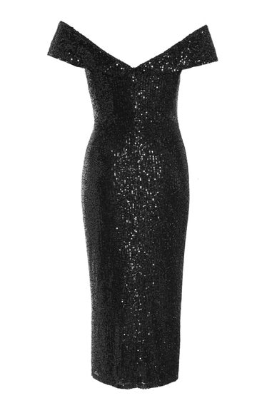 Quiz Black Sequin Bardot Split Midi Dress - Matalan