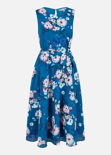 Yumi Watercolour Floral Skater Dress In Teal