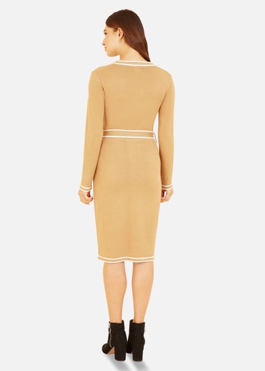 Yumi Camel Knitted Shirt Dress With Contrast Border