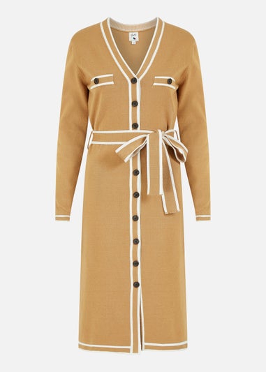 Yumi Camel Knitted Shirt Dress With Contrast Border