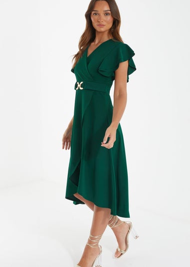 Quiz Green Wrap Dip Hem Midi Dress