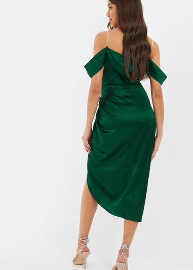 Quiz Green Satin Ruched Cold Shoulder Midi Dress