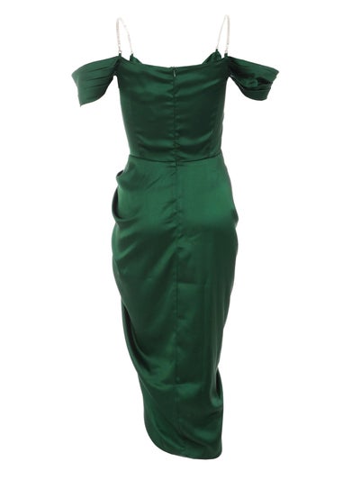 Quiz Green Satin Ruched Cold Shoulder Midi Dress