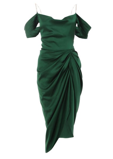 Quiz Green Satin Ruched Cold Shoulder Midi Dress