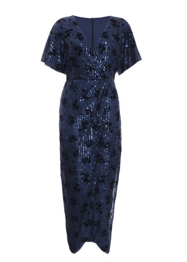 Quiz Blue Floral Sequin Wrap Batwing Midi Dress