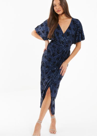 Quiz Blue Floral Sequin Wrap Batwing Midi Dress