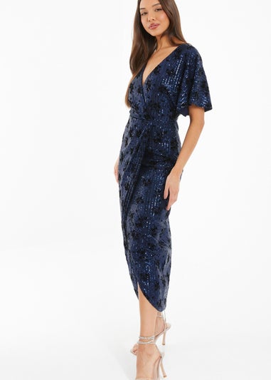 Quiz Blue Floral Sequin Wrap Batwing Midi Dress