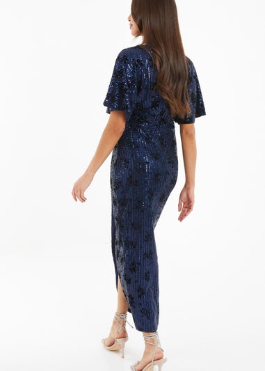 Quiz Blue Floral Sequin Wrap Batwing Midi Dress