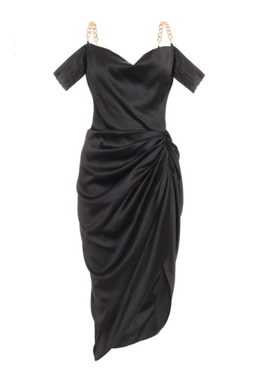 Quiz Black Satin Ruched Cold Shoulder Midi Dress